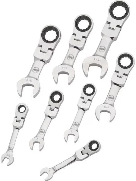 8Pcs SAE Stubby Flex Head, Combo Ratcheting Wrench Set, 5/16'-3/4', Mfr: D076607-A