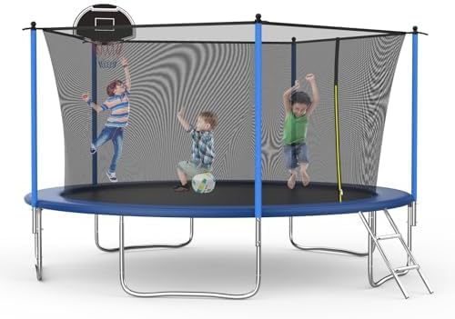 14FT Tranpoline for Kids with Safety Enclosure Net Recreational Round Tranpoline with Basketball Hoop ASTM Approval Backyard Outdoor Tranpoline with Spring Pad Cover & Ladder
