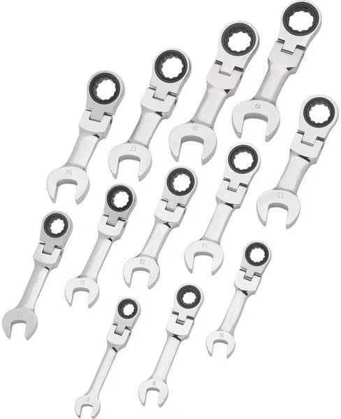 12Pcs Metric Stubby Flex Head, Combo Ratcheting Wrench Set, 8mm-19mm, Mfr: D076608-A