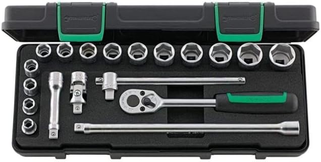 Stahlwille 96023132 3/8' Socket Set, Hexagon Sockets (8mm-22mm), Ratchet, Extensions, Universal Joint, Sturdy ABS Case, 1758g, Made in Germany