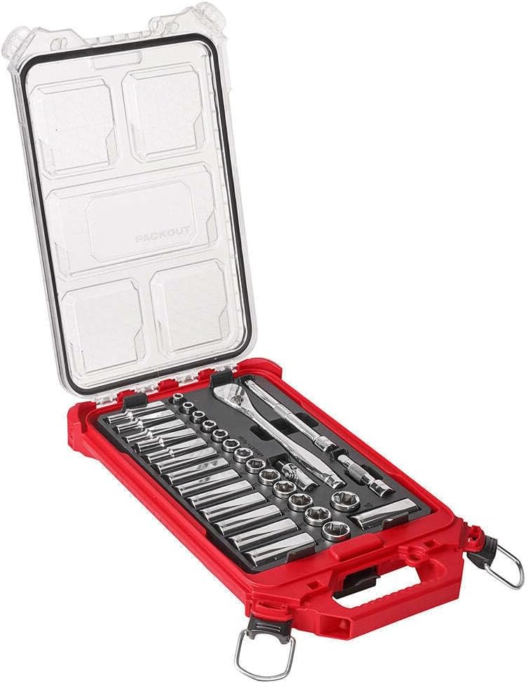 Socket & Socket Wrench Sets,Mechanics Tool Set, Fits for Milwaukee 48-22-9482 3/8' Ratchet Metric Socket Set w/PACKOUT Case - 32pc, Mechanics Tool Set,Standard (SAE), Included Socket, Ratchet, Red