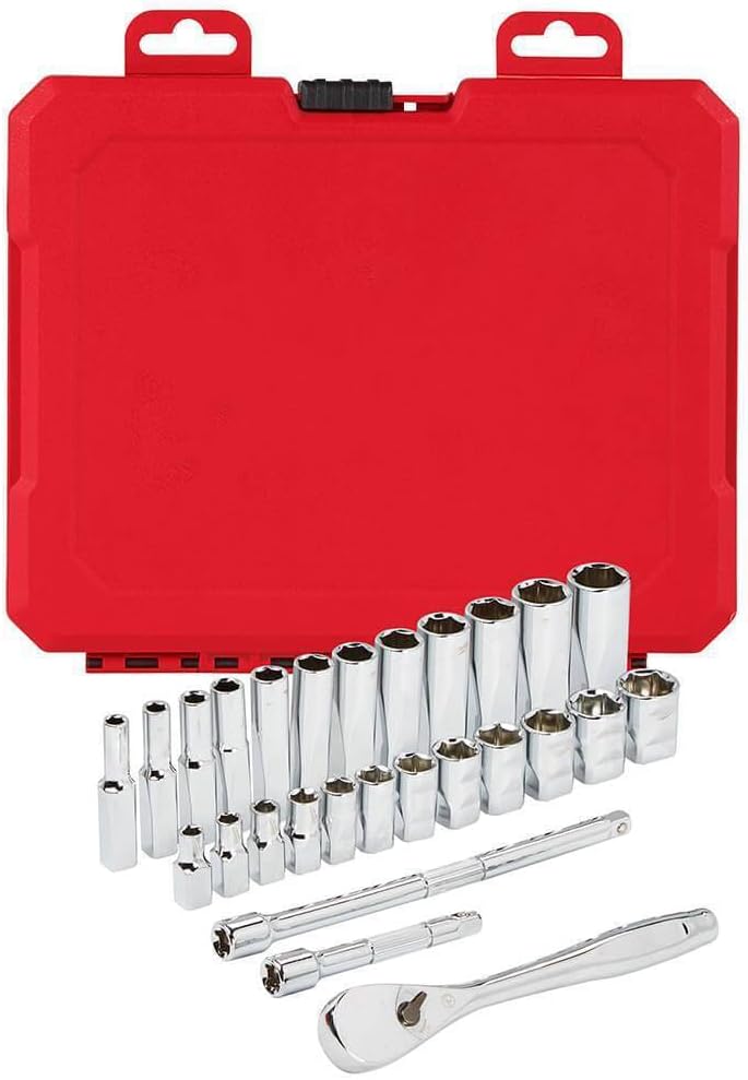 Socket Set For Milwaukee 48-22-9504 1/4-Inch Drive Durable Metric Ratchet and Socket Set (Size:9.5 x 1.7 x 8.7 in) - 28pc, Red
