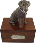 Wooden Dog Urn for Ashes with Chocolate Labrador Retriever Figurine | Personalized Pet Memorial Urn with Pewter Engraving | Lab Dog Memorial Gift with Silver Chain & Red Ball by Conversation
