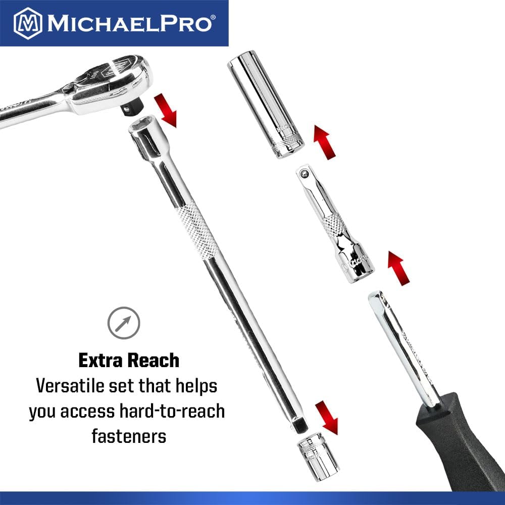 MichaelPro 62-Piece 1/4'' Dr. Socket Set, 90-Tooth Standard & Deep Sockets, SAE 3/16''-1/2'' & Metric 4-12mm, CR-V Steel, 6-Point Design, with Ratchet, Extensions, Spinner Handle, 1/4' Bits | MP005059