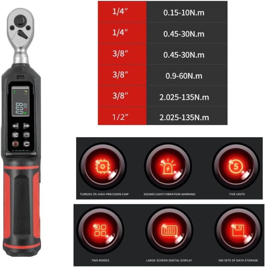 Digital torque wrench 1/4 3/8 1/2 inch with vibration buzzer LED overload protection 9 preset modes unit switching quick release ratchet head (10mm 2.02-135N.m)