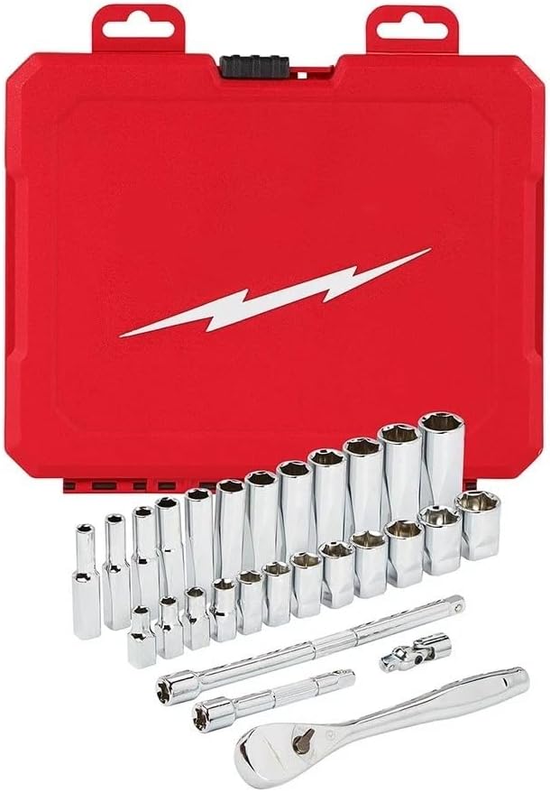 28pc 48-22-9504 Socket Wrench Sets for Milwaukee 1/4-Inch Drive Durable Metric Ratchet and Socket Set Length 9.5 in Height 8.7 in Width 1.7 inw/carrying case