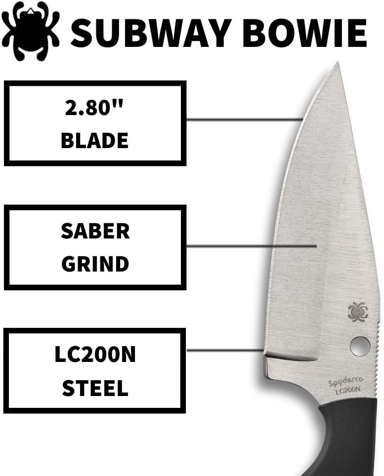 Spyderco Subway Bowie Fixed Blade Knife with 2' LC200N Steel Blade and FRN Handle - EDC Knife for Men and Women, Perfect for Hunting, Tactical, Camping, Survival, Hiking - PlainEdge - FB48PBK