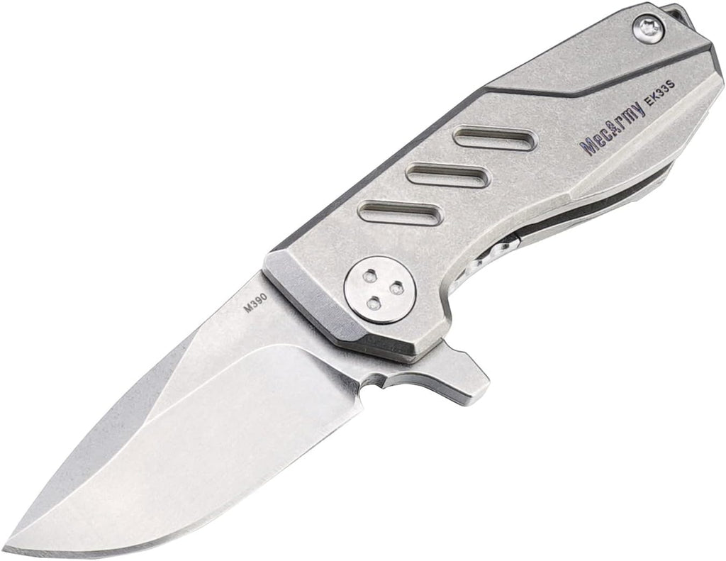MecArmy EK33S Mini Pocket Folding Knife with Clip, One Hand Quick Opening Knives with Liner Lock for Men Titanium Handle M390 Blade EDC Knife, Aluminum EDC box and Kydex sheath included (Stonewashed)