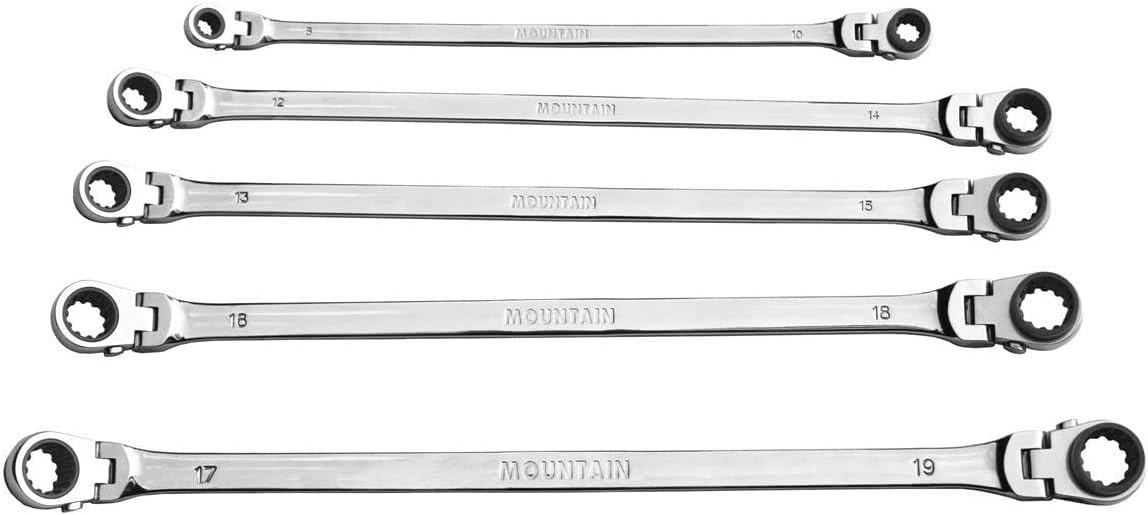 Mountain RM6 5-Piece Metric Double Box Universal Spline Reversible Ratcheting Wrench Set; 8 mm - 18mm, 90 Tooth Design, Long, Flexible, Reversible; 4-Pack