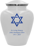 Star of David Blue Cremation Urn for Human Ashes, Jewish Cremation Urn, Religious Ash Urns with Personalized Engraving (White)