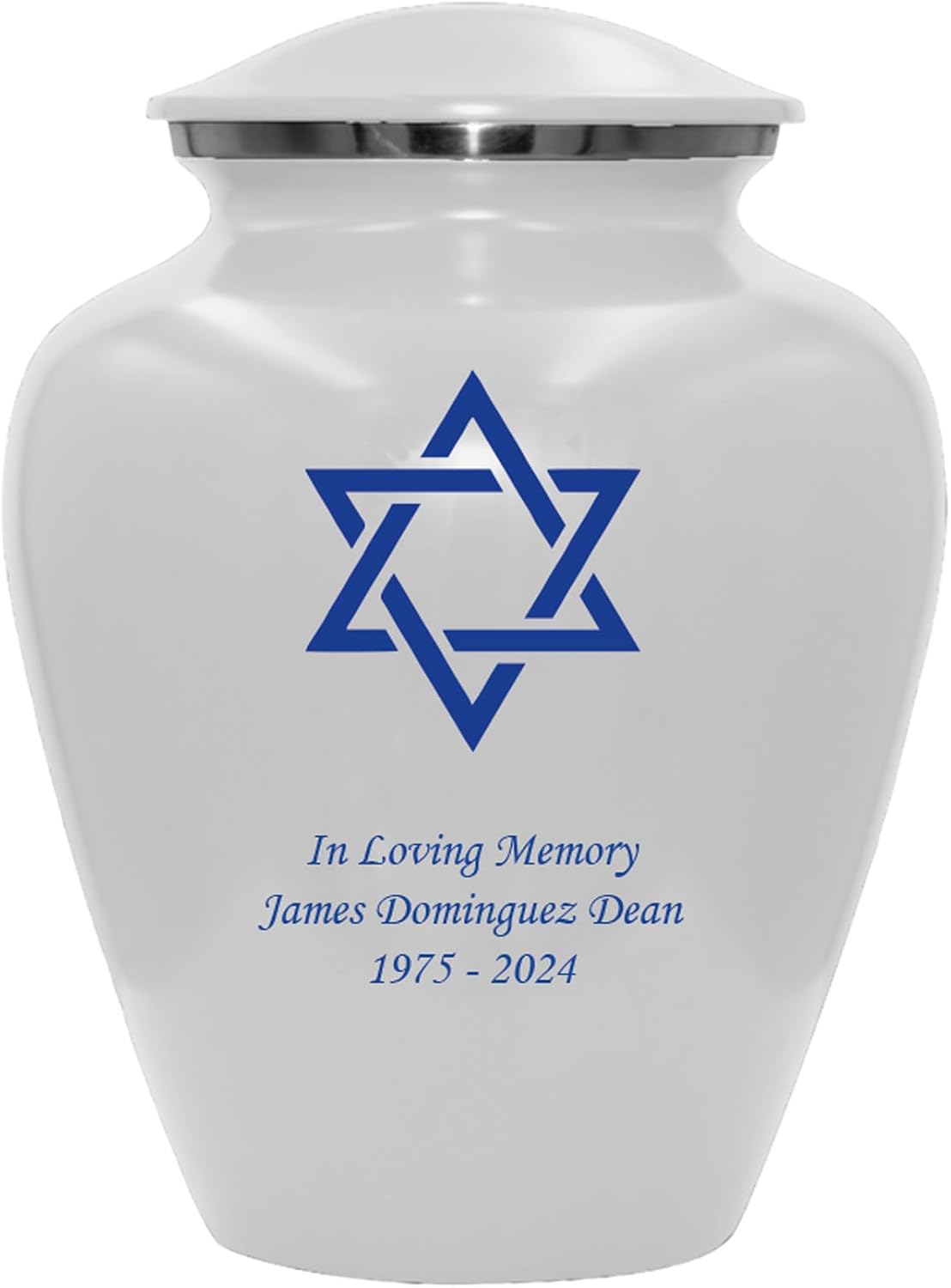 Star of David Blue Cremation Urn for Human Ashes, Jewish Cremation Urn, Religious Ash Urns with Personalized Engraving (White)