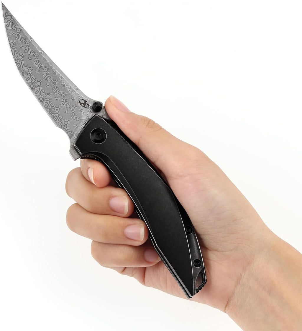 KANSEPT Baku Pocket Folding Knives for Men EDC Camping Folding Knife 3.2'' Damascus Material Outdoor Folding Knives with Black Stonewashed Titanium Handle Everyday Carry K1056A5