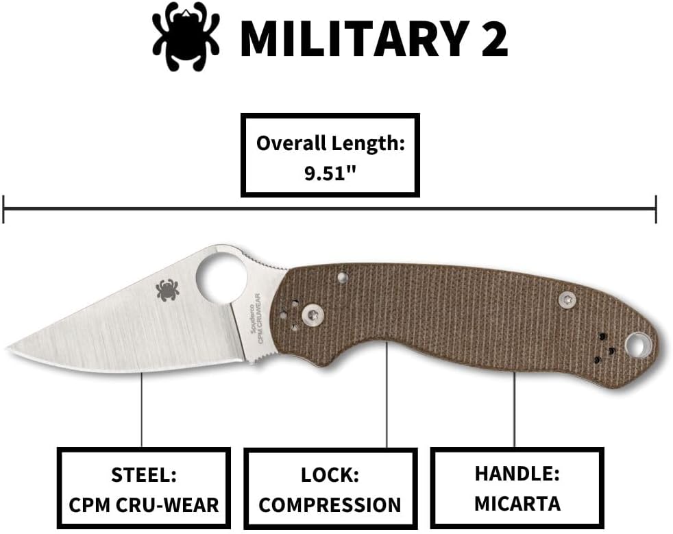 Spyderco Military 2 Folding Pocket Knife with 4' CPM Cru-Wear Steel Blade and Micarta Handle - EDC Knife for Men and Women, Perfect for Hunting, Tactical, Camping, Survival - PlainEdge - C36GP2