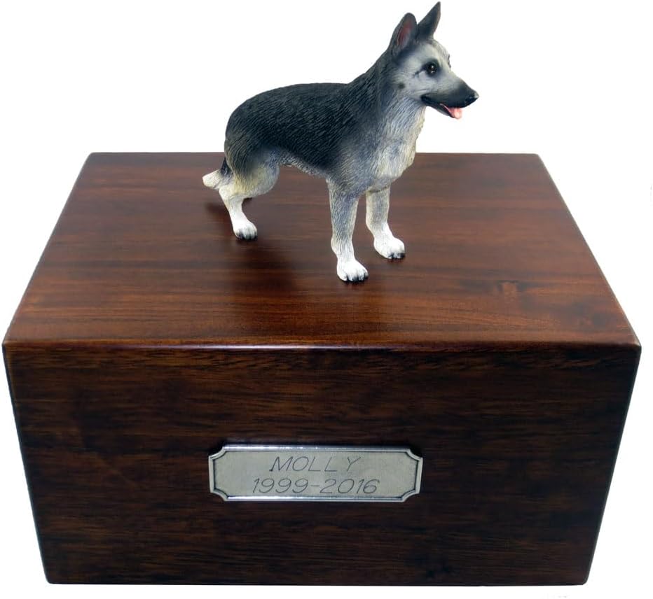 Wooden Pet Urns for Dogs with Black & Silver German Shepherd Figurine | Personalized Large Dog Urns for Ashes | Paulownia Wood Pet Memorial Gift with Engraved Pewter Plaque | Conversation Concepts