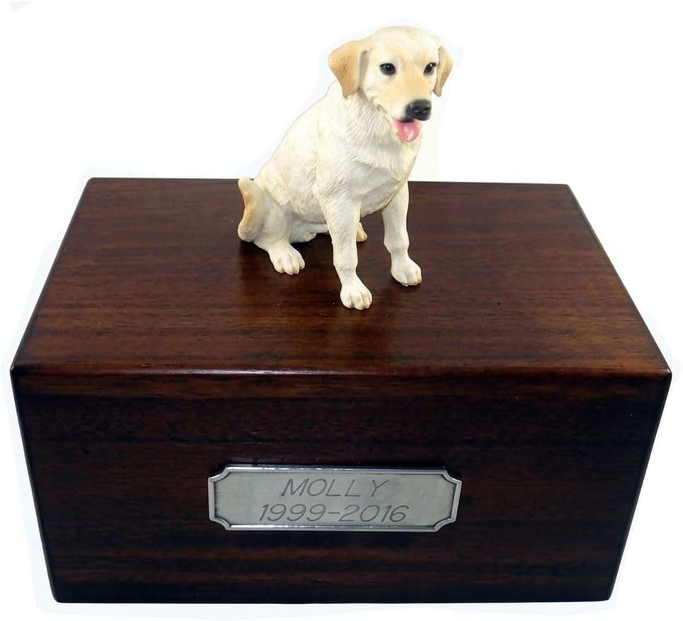 Wooden Dog Urn for Ashes with Yellow Labrador Retriever Figurine | Personalized Pet Memorial Urn with Pewter Engraving | Lab Dog Memorial Gift for Loss of Pet by Conversation Concepts