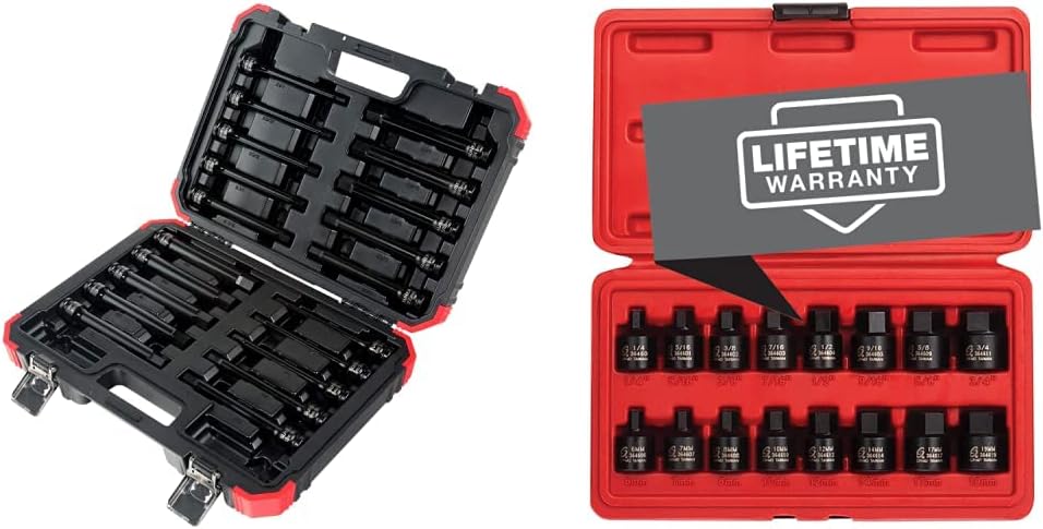 Sunex 2637L, ½' Drive, 6' Long Master Impact Hex Driver Set & Sunex 3646, 3/8 Inch Drive Low Profile Impact Hex Driver Set, 16-Piece, SAE/Metric, 1/4 Inch - 3/4 Inch, 6mm - 19mm