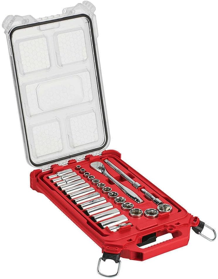 Socket Set For Milwaukee 48-22-9481 3/8' Ratchet SAE Mechanics Tool Set w/Packout Case (Size:2.7 x 9.6 x 16.3 in) - 28pc, Red