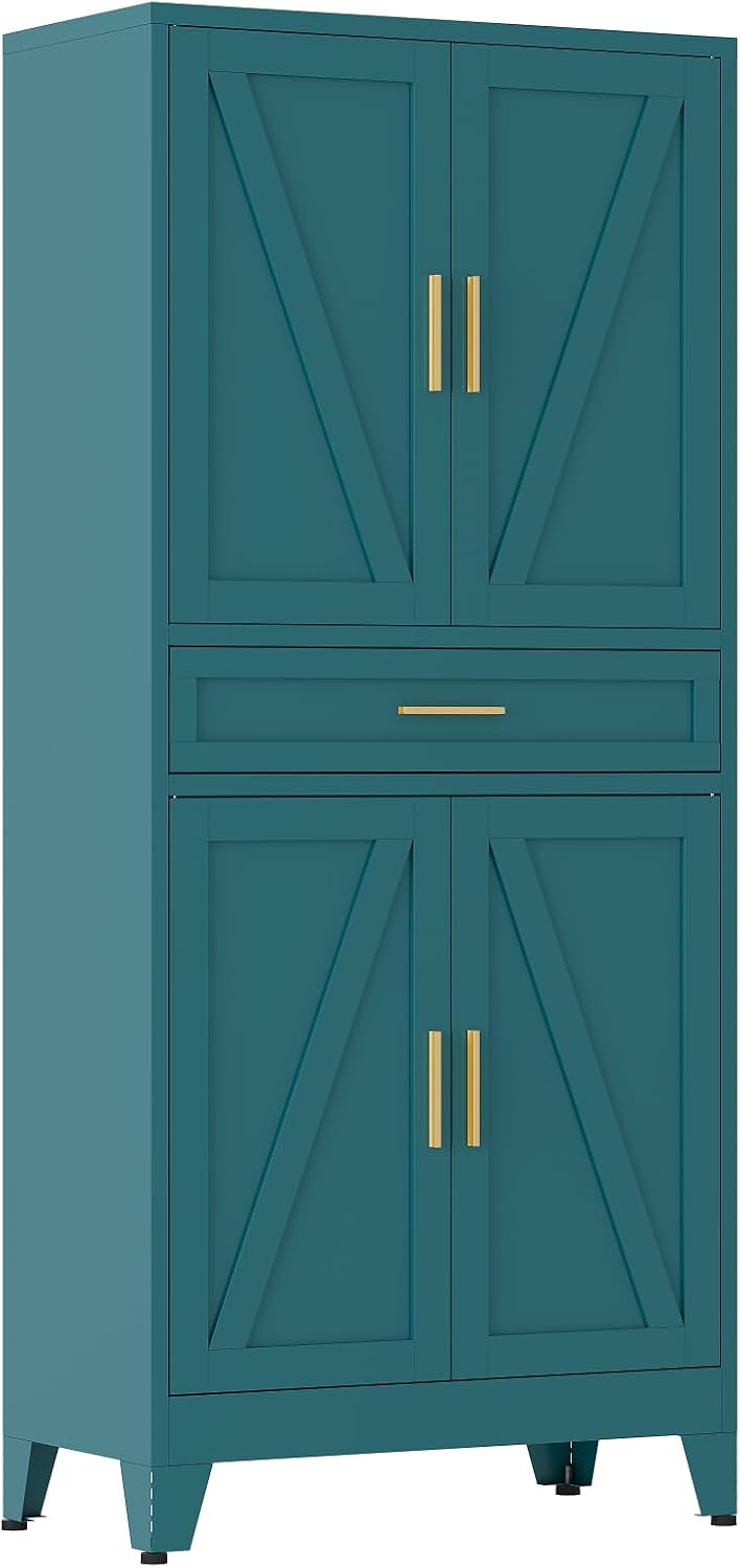 QINPTWUT 71' Farmhouse Pantry Cabinet in Blue, with 4 Doors & Center Drawer, Tall Food Cabinet with Adjustable Shelves, Freestanding Steel Cupboard for Kitchen, Dining Room, Pantry, Garage
