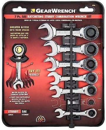 Gearwrench 7 Piece SAE Stubby Combination Ratcheting Wrench Set 3/8'-3/4'