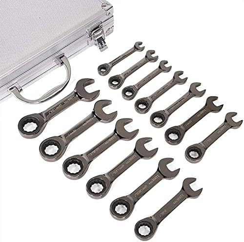 13-Pieces DUO Stubby Combination Ratcheting Wrench Metric SAE MM Set w/Case,Jikkolumlukka