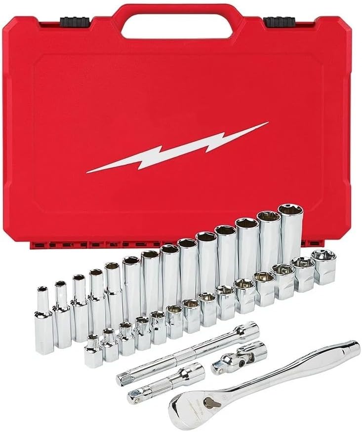 32Pc 48-22-9508 for Milwaukee 3/8' Drive Ratchet & Socket Set - Metric - Red/Silver