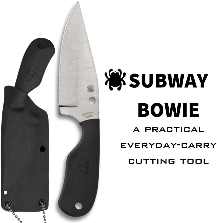 Spyderco Subway Bowie Fixed Blade Knife with 2' LC200N Steel Blade and FRN Handle - EDC Knife for Men and Women, Perfect for Hunting, Tactical, Camping, Survival, Hiking - PlainEdge - FB48PBK