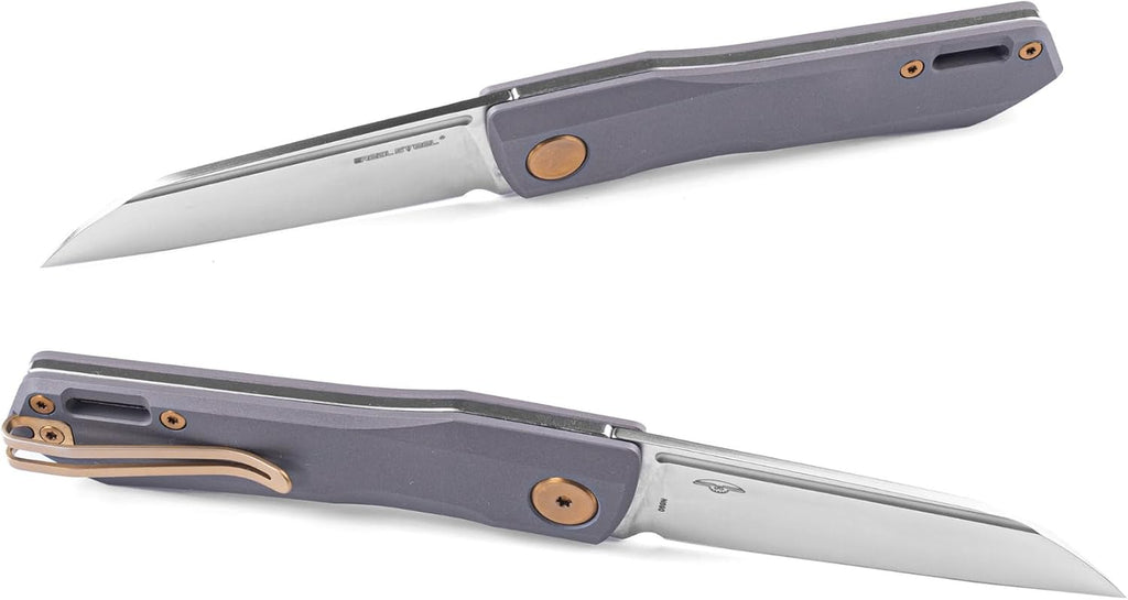 REALSTEEL Solis Slipjoint Folding Pocket Knife - Bohler N690 Satin Blade with Titanium TC4 Handle - Perfect for Camping, and Daily Cutting Tasks - EDC Knife for Men Women (Golden Hardware/Satin)