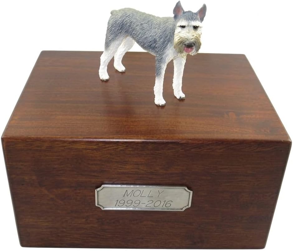 Beautiful Paulownia Large Wooden Urn with Gray Giant Schnauzer Figurine & Personalized Pewter Engraving