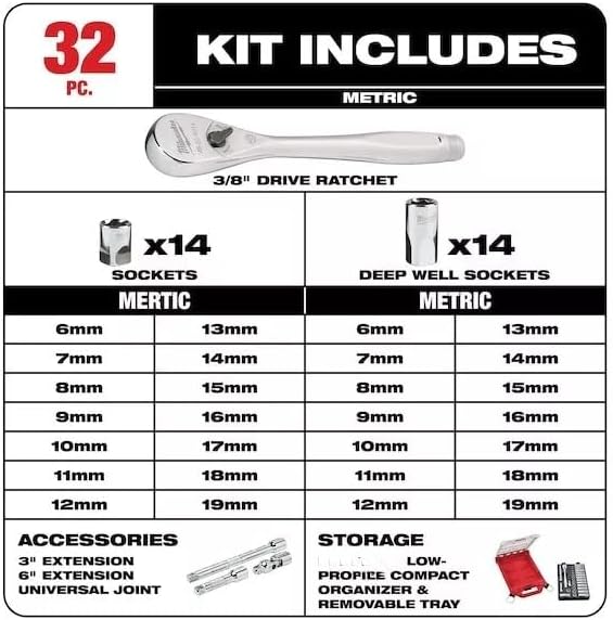 48-22-9482 3/8' Drive Ratchet & Socket Set, Metric, 32 Pcs For Milwaukee Tool