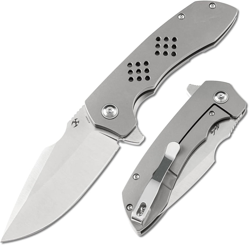 KANSEPT Entity Pocket Folding Knives EDC Camping Folding Knife 3.52'' Satin CPM-S35VN Blade Pocket Folding Knife with Bead Blasted Titanium Handle Everyday Carry K1036A1