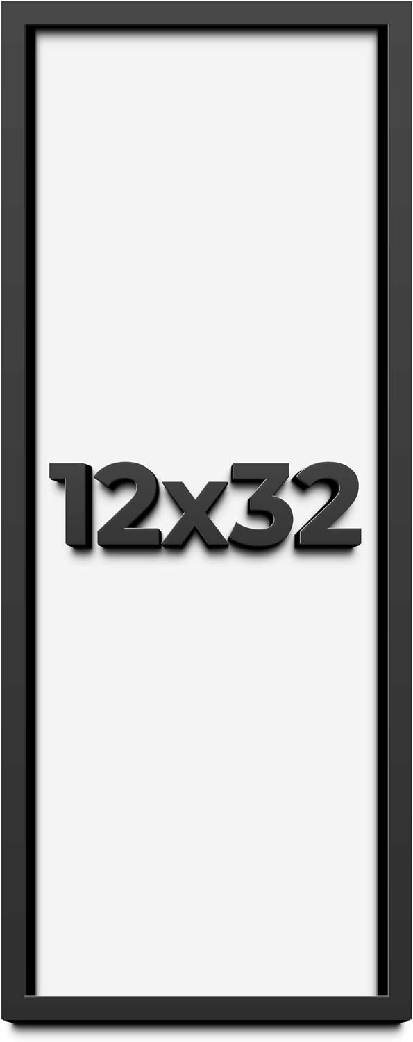 12x32 Shadow Box Black Solid Wood Display Frame with White Acid-Free Backing UV Acrylic & Hanging Hardware - with 3/4' Usable Depth