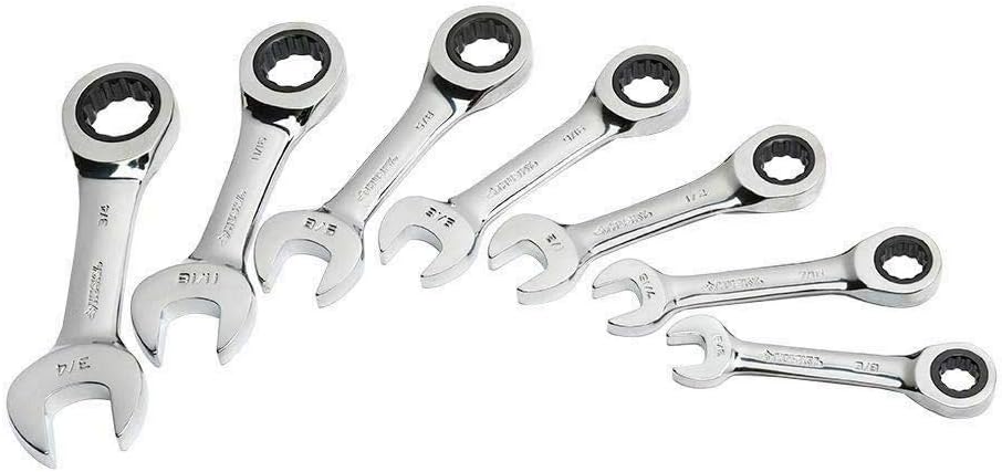 7 Piece SAE Stubby Short Ratcheting Wrench Set