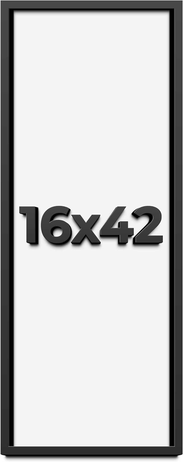 16x42 Shadow Box Black Solid Wood Display Frame with White Acid-Free Backing UV Acrylic & Hanging Hardware - with 3/4' Usable Depth