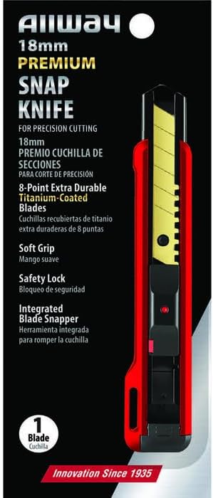 18-Pack of 18mm Allway SK18T Red/Black K-Series Premium Safety Lock Titanium-Coated Snap Knife with 8-Point Snap-Off Blade