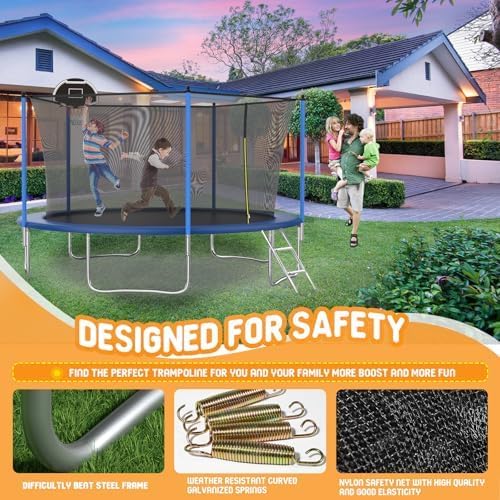 14FT Tranpoline for Kids with Safety Enclosure Net Recreational Round Tranpoline with Basketball Hoop ASTM Approval Backyard Outdoor Tranpoline with Spring Pad Cover & Ladder