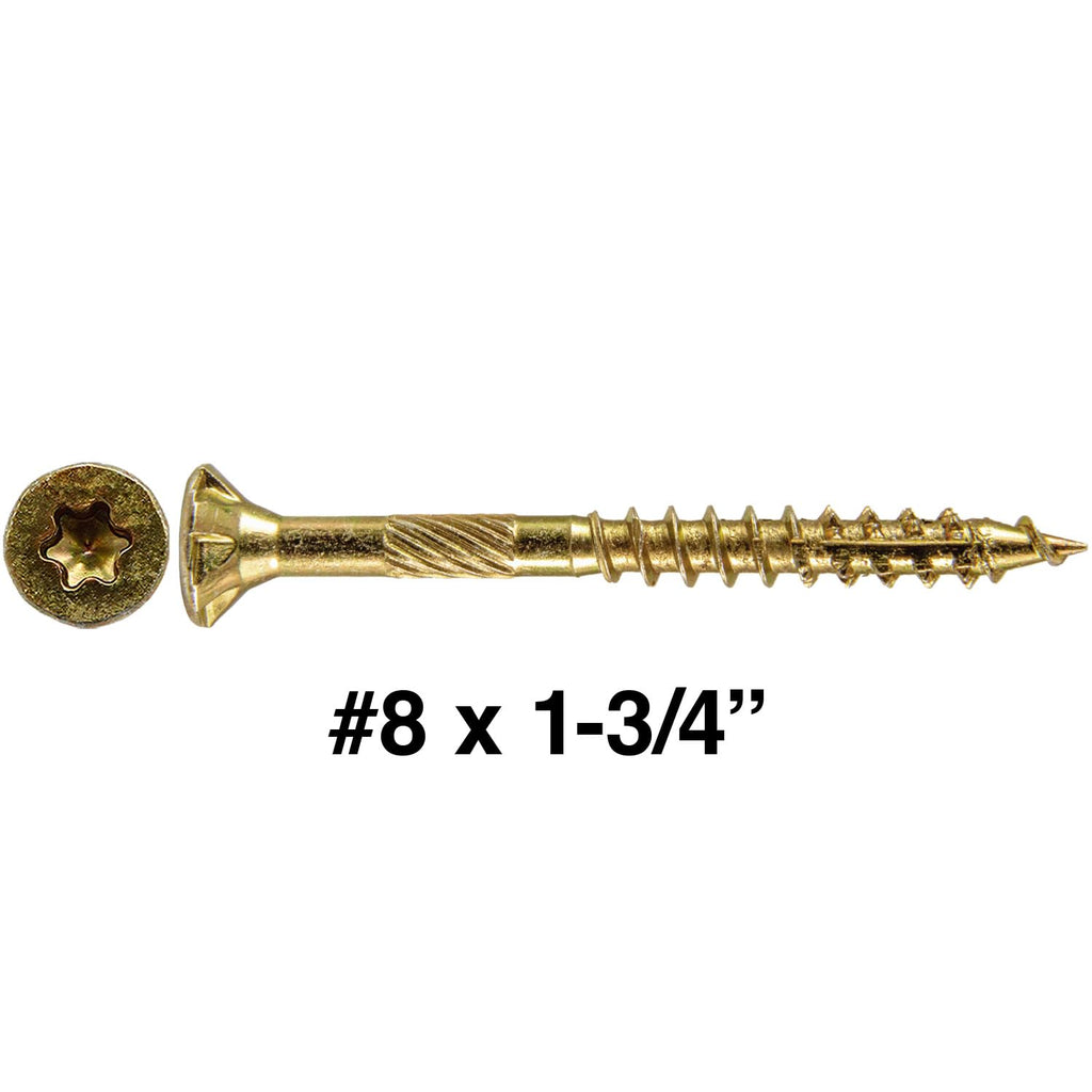 8 x 1-3/4' Gold Star Wood Screw Torx/Star Drive Flat Head - CASE Qty 42 Boxes 7,224 Screws