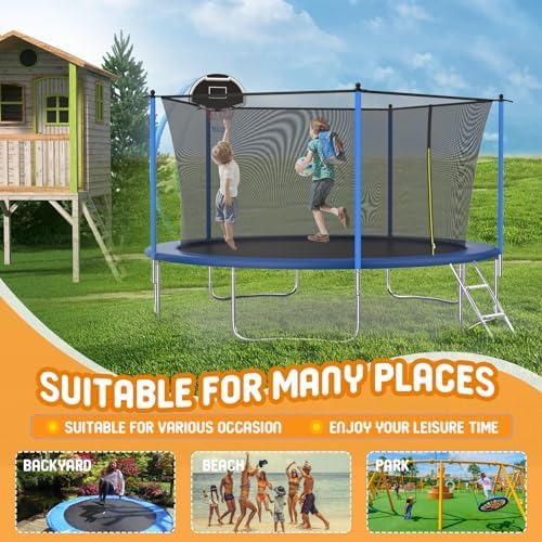 14FT Tranpoline for Kids with Safety Enclosure Net Recreational Round Tranpoline with Basketball Hoop ASTM Approval Backyard Outdoor Tranpoline with Spring Pad Cover & Ladder