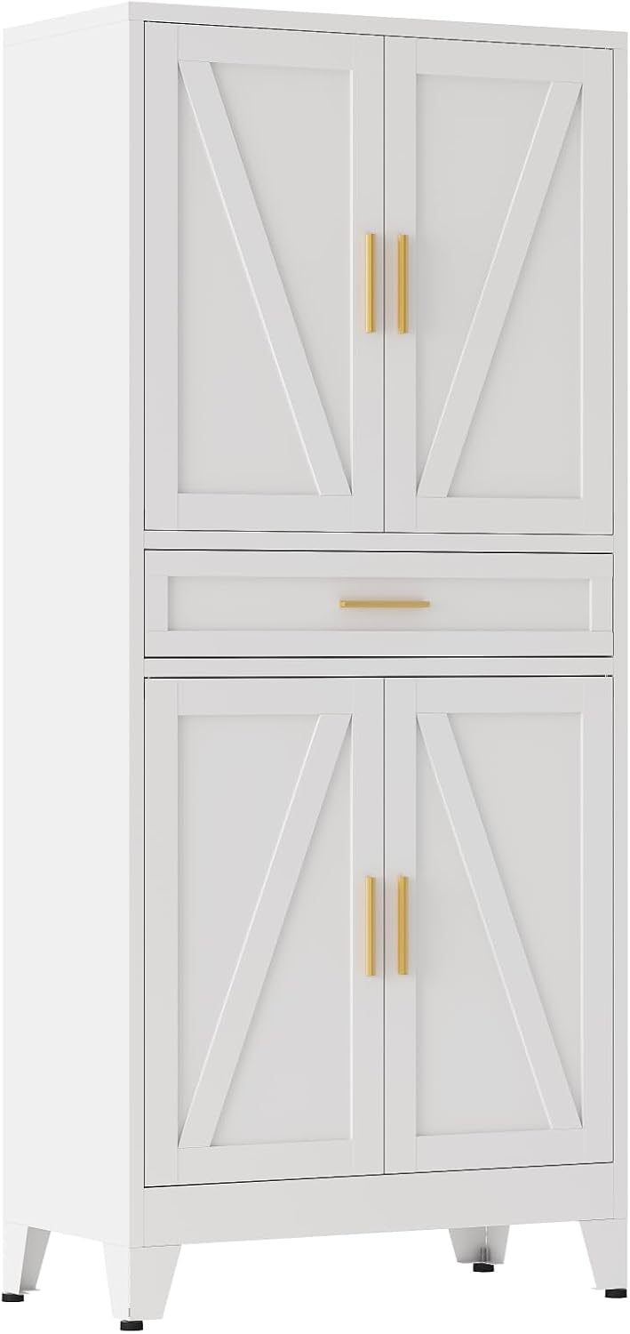 QINPTWUT 71' Farmhouse Pantry Cabinet in White, with 4 Doors & Center Drawer, Tall Food Cabinet with Adjustable Shelves, Freestanding Steel Cupboard for Kitchen, Dining Room, Pantry, Garage