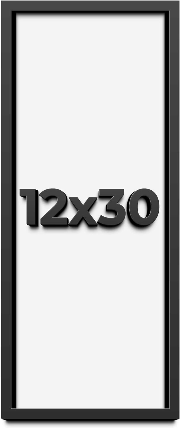 12x30 Shadow Box Black Solid Wood Display Frame with White Acid-Free Backing UV Acrylic & Hanging Hardware - with 3/4' Usable Depth