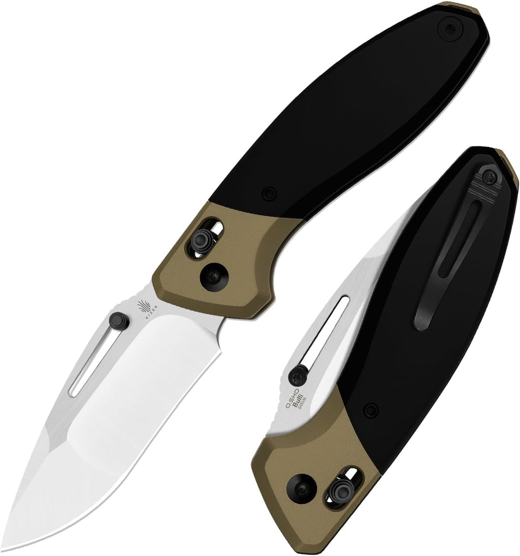 Kizer Bulli Pocket Knife, 3.33' Drop Point S45VN Folding Knife with Black & Brown Titanium Handle, Clutch Lock EDC Knives with Reversible Pocket Clip for Men Women Ki3695A4