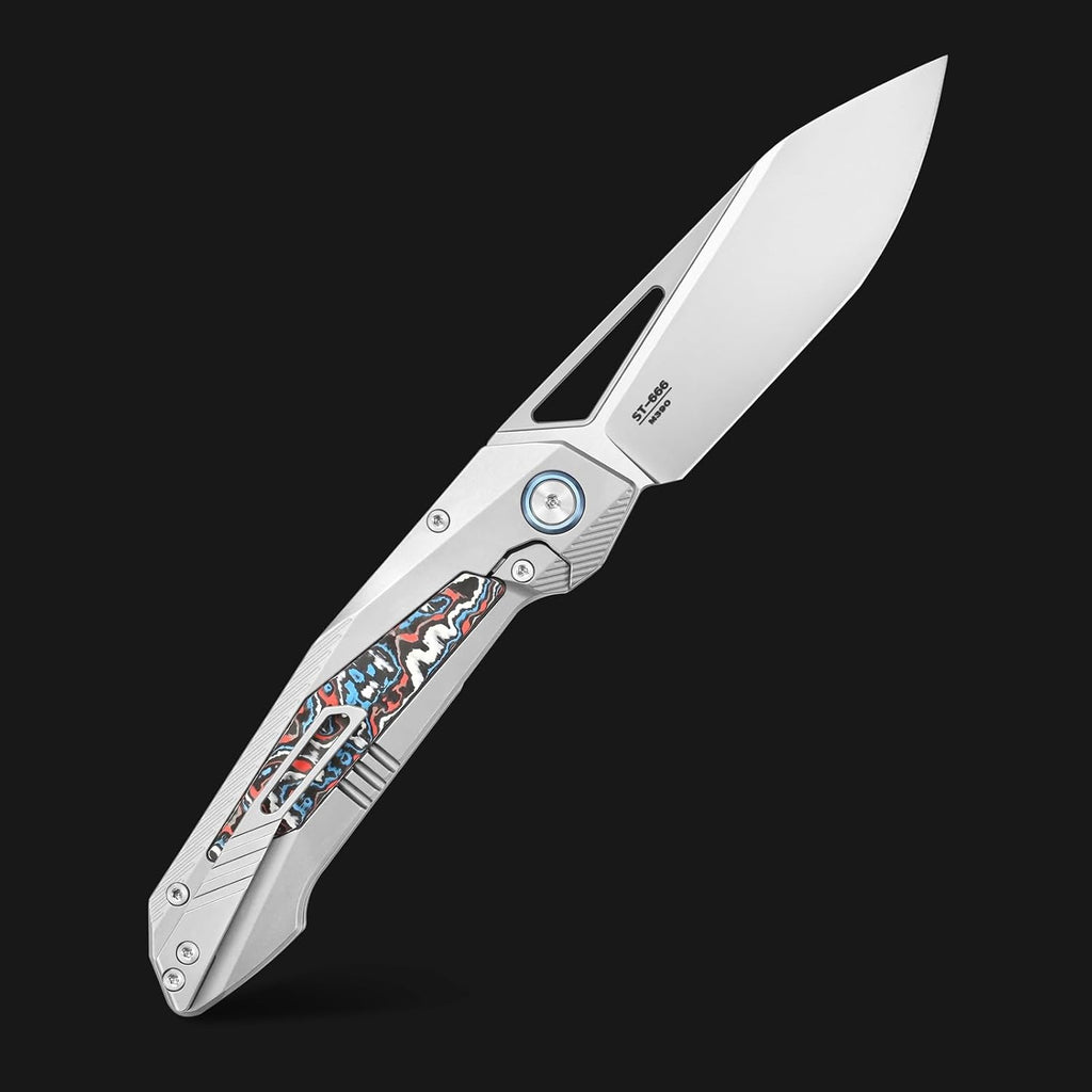 Sitivien ST666 Folding Knife,Handmade M390 Pearlescent Polishing Blade,Titanium & Colorful Carbon Fiber Handle Pocket Knife EDC Tool Knifes for Outdoor Camping,Hiking,Hunting(Color)