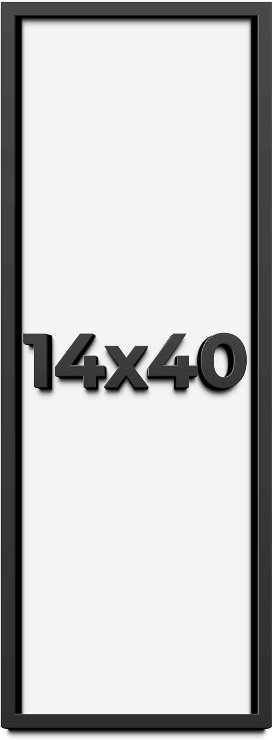 14x40 Shadow Box Black Solid Wood Display Frame with White Acid-Free Backing UV Acrylic & Hanging Hardware - with 3/4' Usable Depth