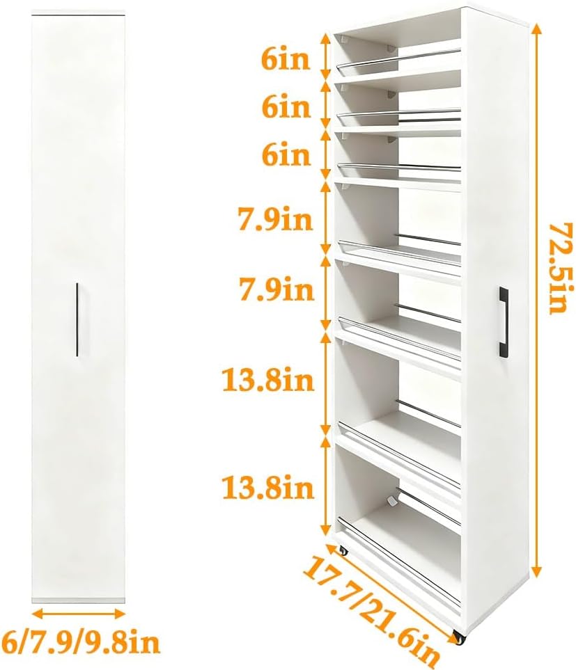 7-Tier Slim Storage Cart, Wooden Rolling Pantry Cabinet with Wheels, Shelving Unit Organizer for Kitchen, Bakers Rack, Dining Room, Closet(White,17.7' Dx6 Wx72.5 H)