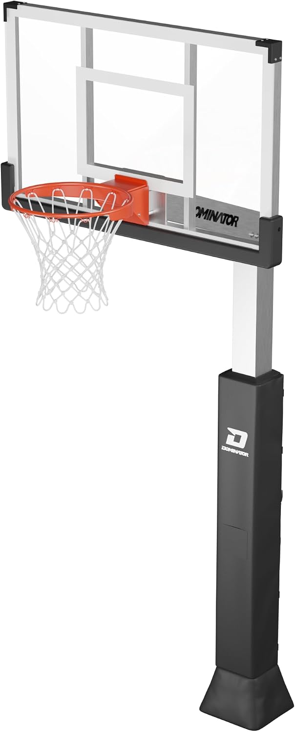 DOMINATOR Premium Inground Adjustable Basketball Hoop - 54' Backboard w/ 2.5' Overhang - Aluminum Adjustable Basketball Goal - Adjusts from 7.5' - 10', Made of Heavy Duty Rust Proof Aluminum