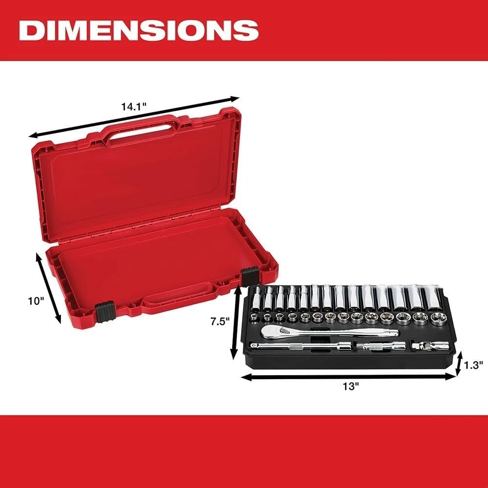 32Pc 48-22-9508 for Milwaukee 3/8' Drive Ratchet & Socket Set - Metric - Red/Silver