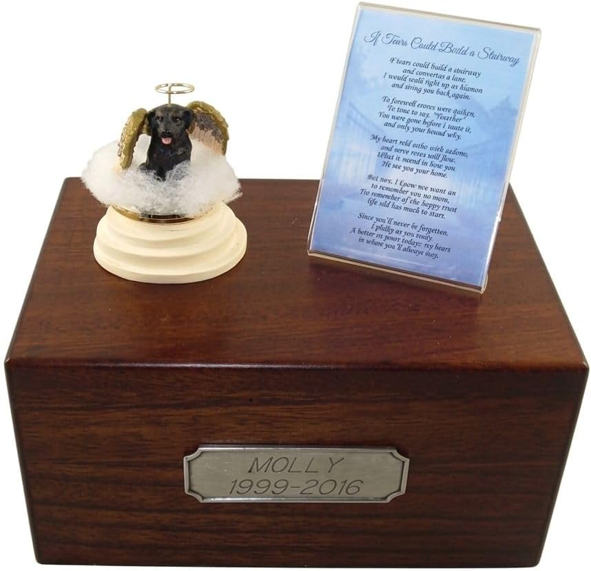 Wooden Pet Urns for Dogs with Black Labrador Lab Retriever Stairway to Heaven Figurine with Poem | Personalized Dog Memorial Urn for Ashes | Medium Paulownia Pet Urn for Lab | Conversation Concepts