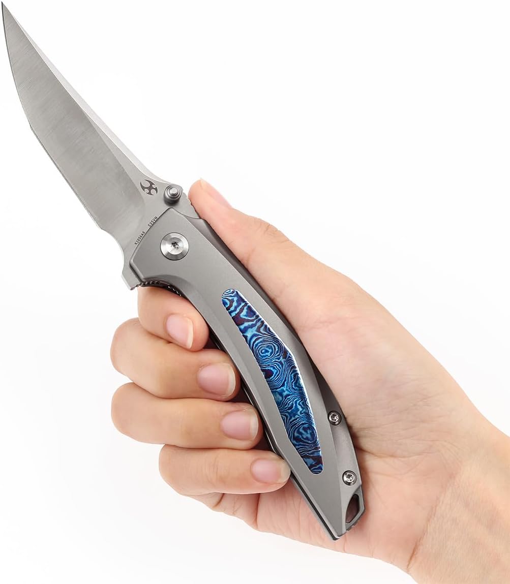 KANSEPT Baku Pocket Folding Knives for Men EDC Camping Folding Knife 3.2'' Satin CPM-S35VN Material Outdoor Folding Knives with Plain Titanium Timascus Inlay Handle Everyday Carry K1056A8