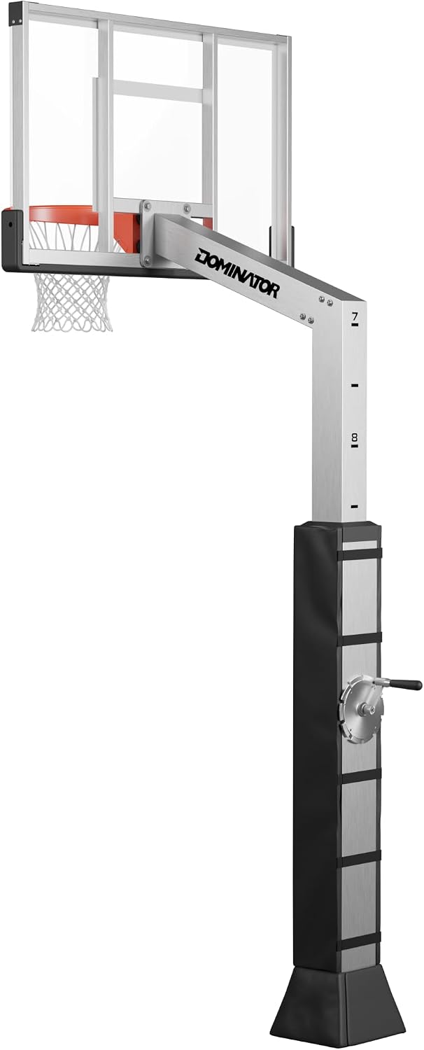 DOMINATOR Premium Inground Adjustable Basketball Hoop - 54' Backboard w/ 2.5' Overhang - Aluminum Adjustable Basketball Goal - Adjusts from 7.5' - 10', Made of Heavy Duty Rust Proof Aluminum