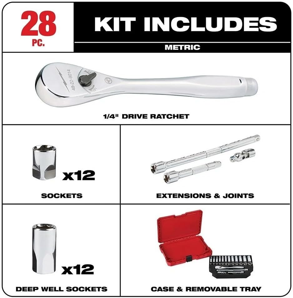 48-22-9504 for Milwaukee 1/4' Drive Ratchet & Socket Set Metric w/Portable Carrying Case - 28 PC