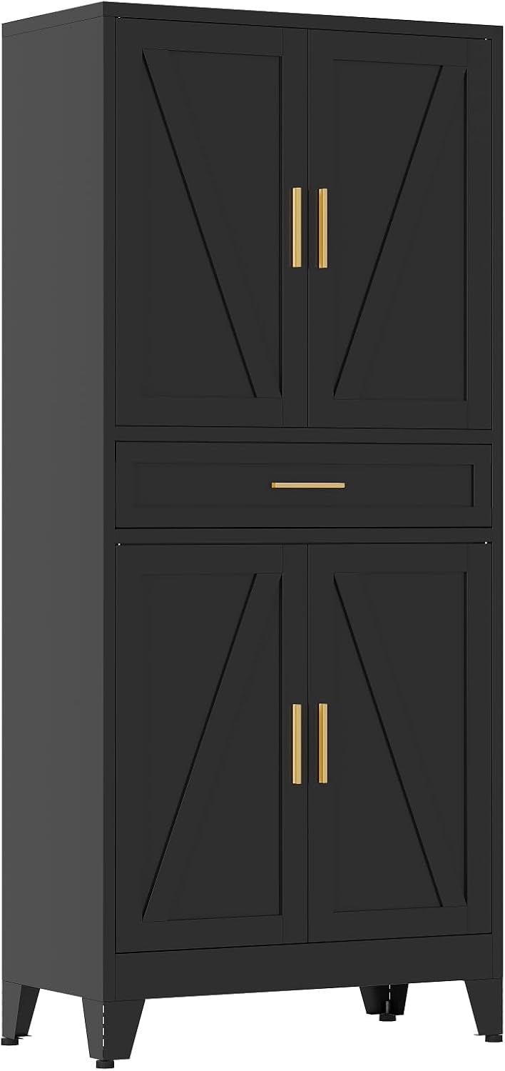 QINPTWUT 71' Farmhouse Pantry Cabinet in Black, with 4 Doors & Center Drawer, Tall Food Cabinet with Adjustable Shelves, Freestanding Steel Cupboard for Kitchen, Dining Room, Pantry, Garage